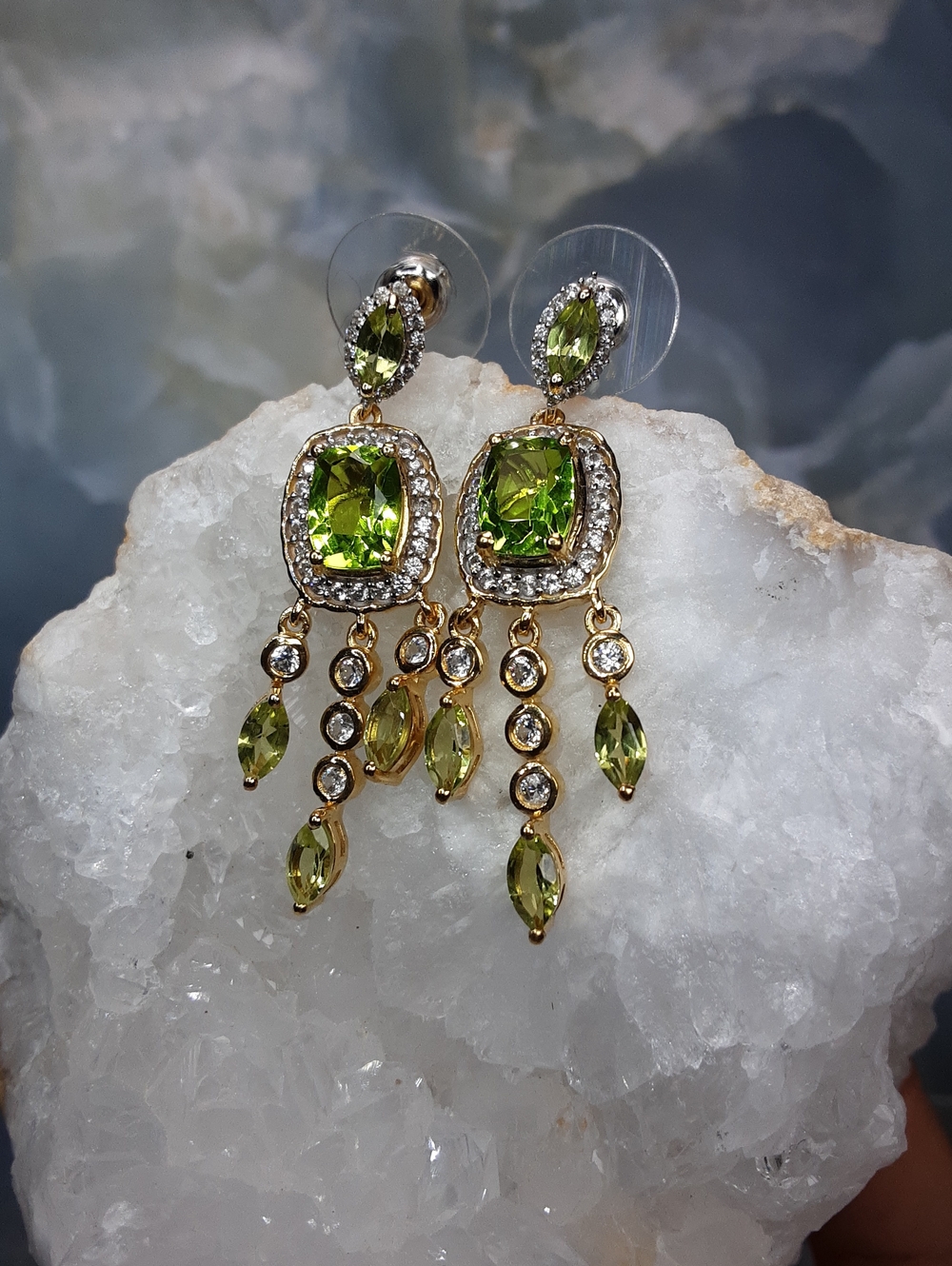 925 Green Quartz Triplet, Peridot And Zircon Drop Earrings.